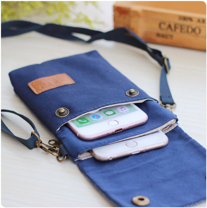 Solid Color Canvas Crossbody Phone Bag 3 Layer Shoulder Wallet