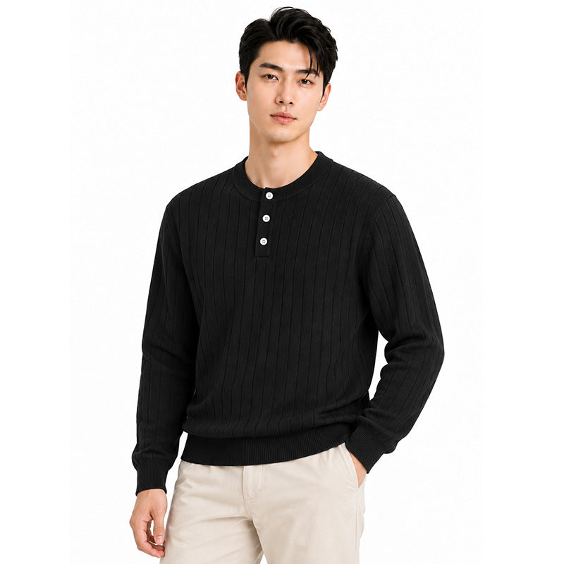Mens Henry wears a vertical stripe knitted sweater.