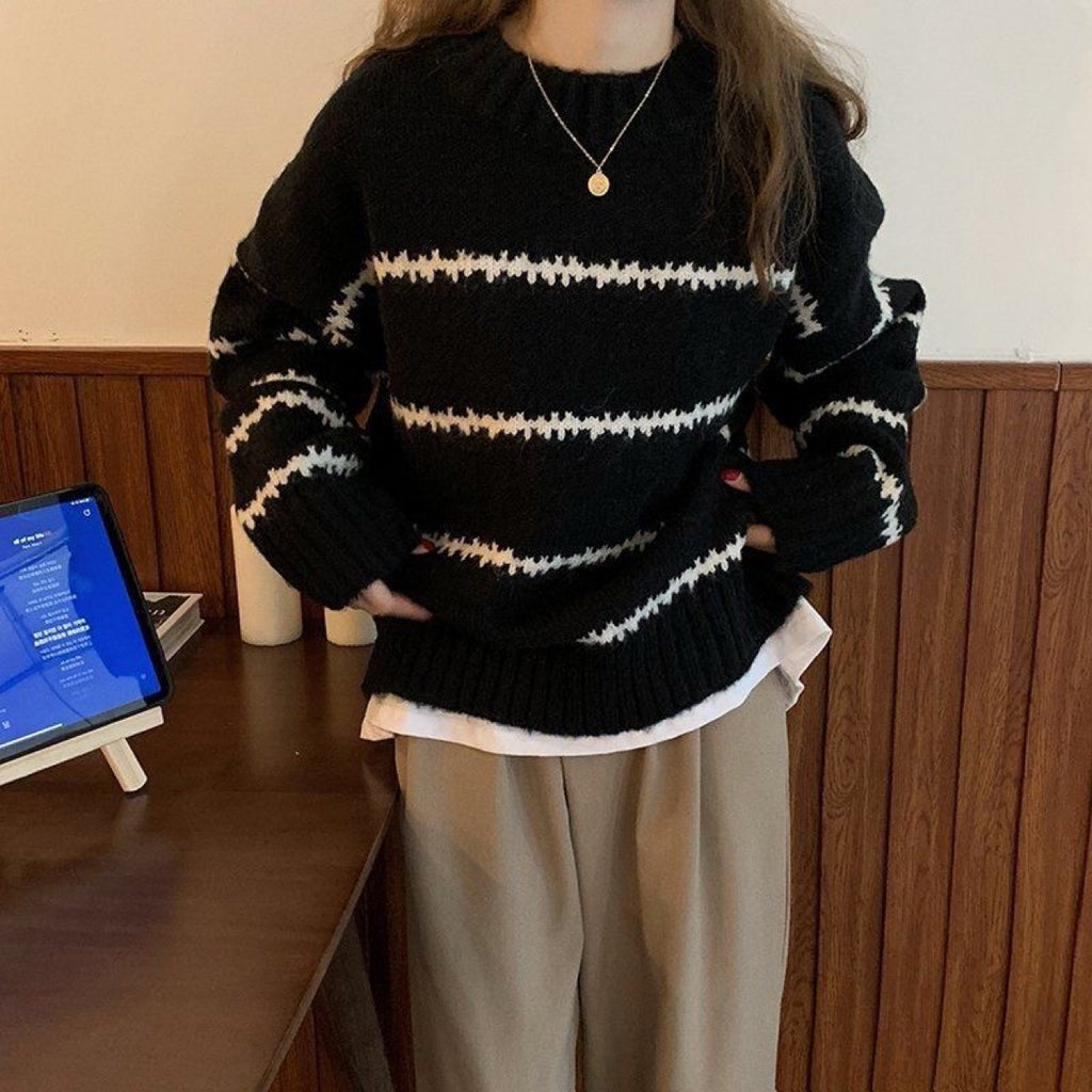 Striped Round Neck Pullover Knit Sweater