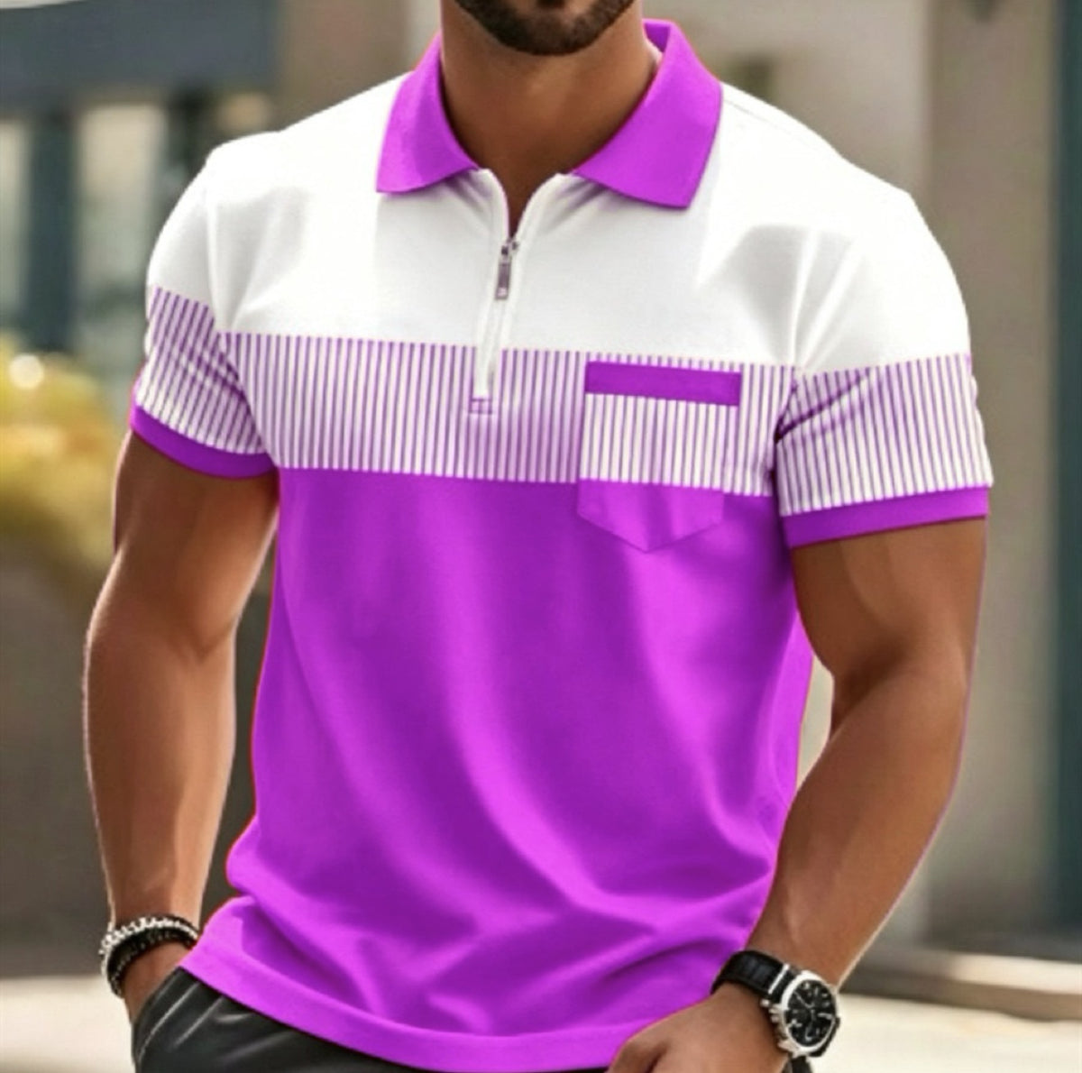 Men's 3D Digital Printing Zippered Collar Short Sleeve Shirt