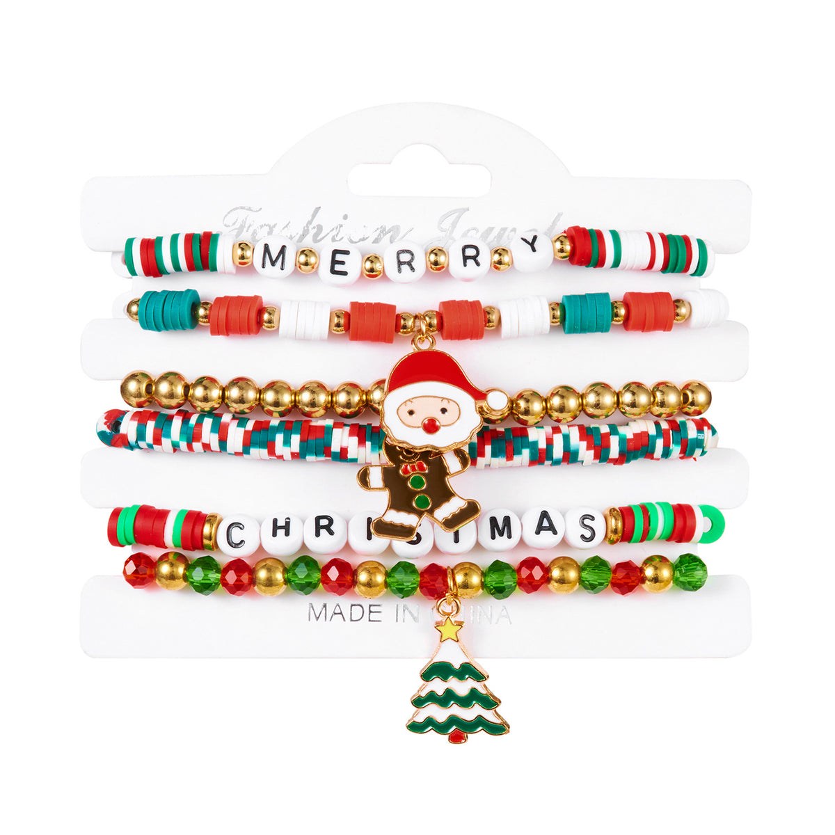 Christmas Series Pearl Soft Clay Rice Bead Bracelet Santa Bell Elk Pendant Bracelet Set