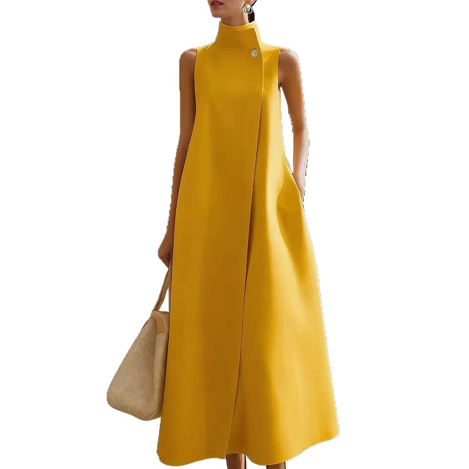 Elegant Stand Collar Button Vest Dress
