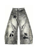 Unisex Dirty-Dye 3D Printed Wide-Leg Denim Pants