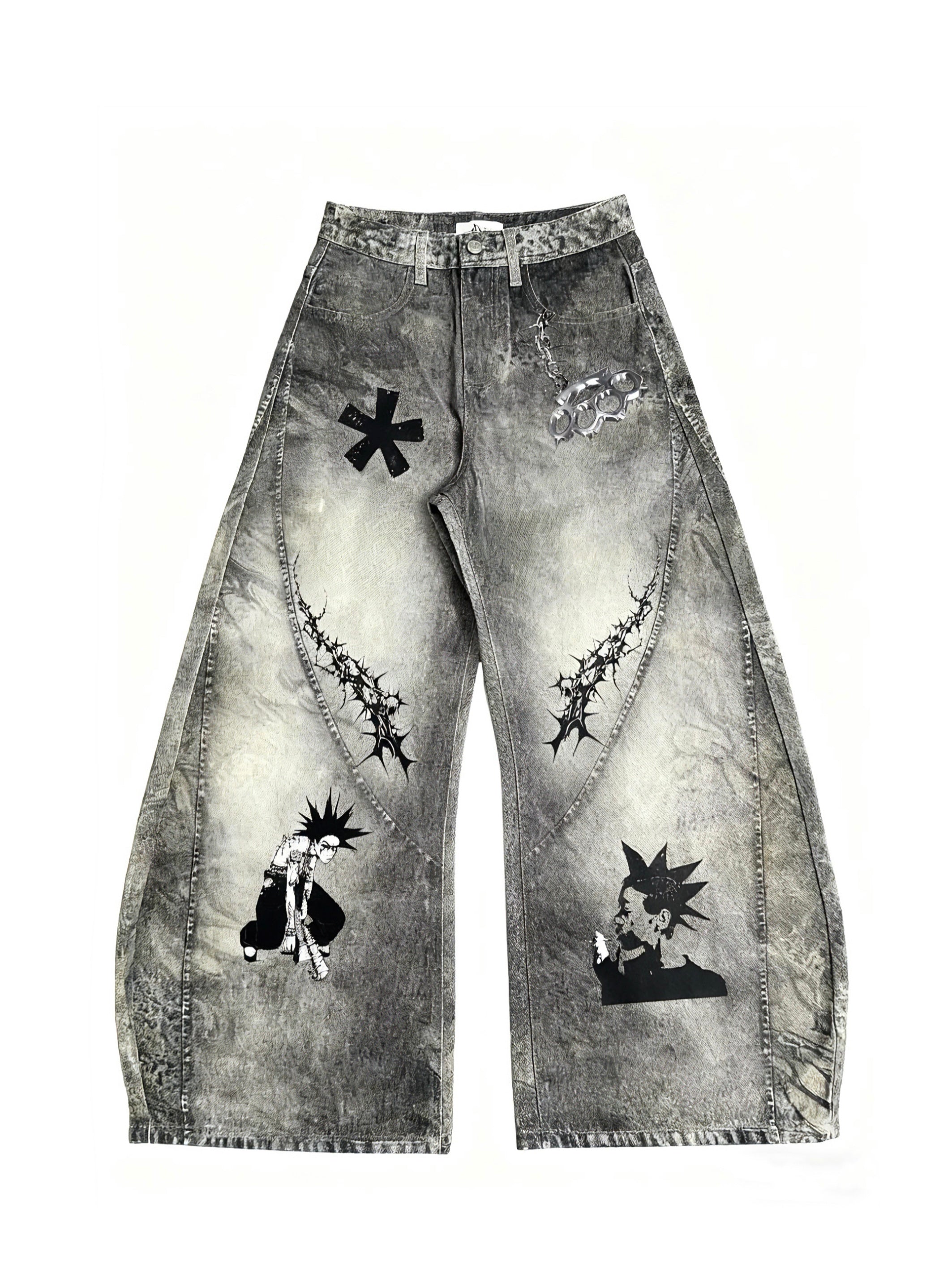 Unisex Dirty-Dye 3D Printed Wide-Leg Denim Pants