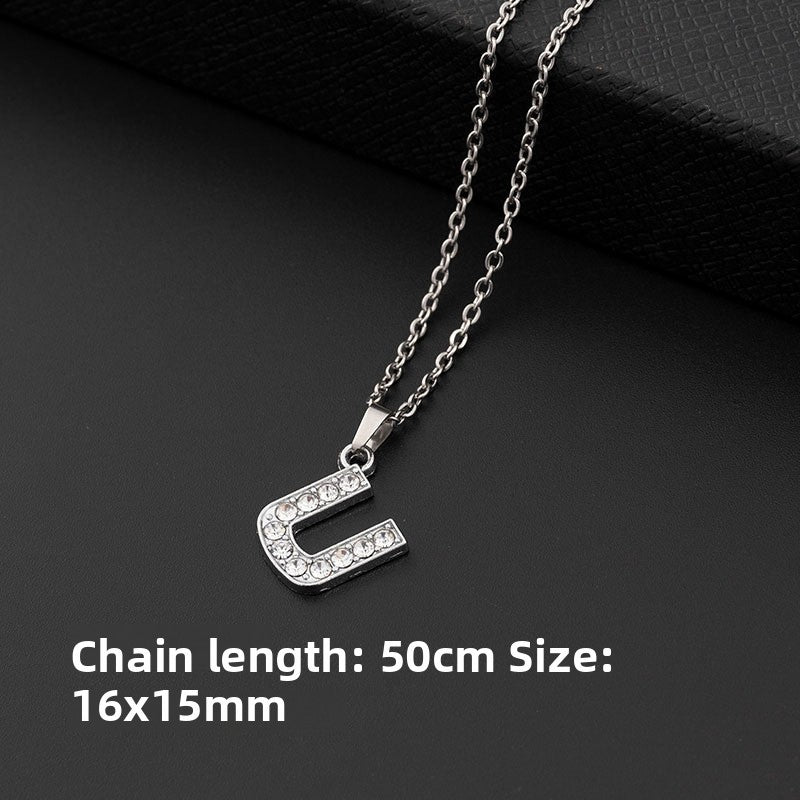 Stainless Steel Letter Pendant Necklace Diamond-Encrusted Women Jewelry