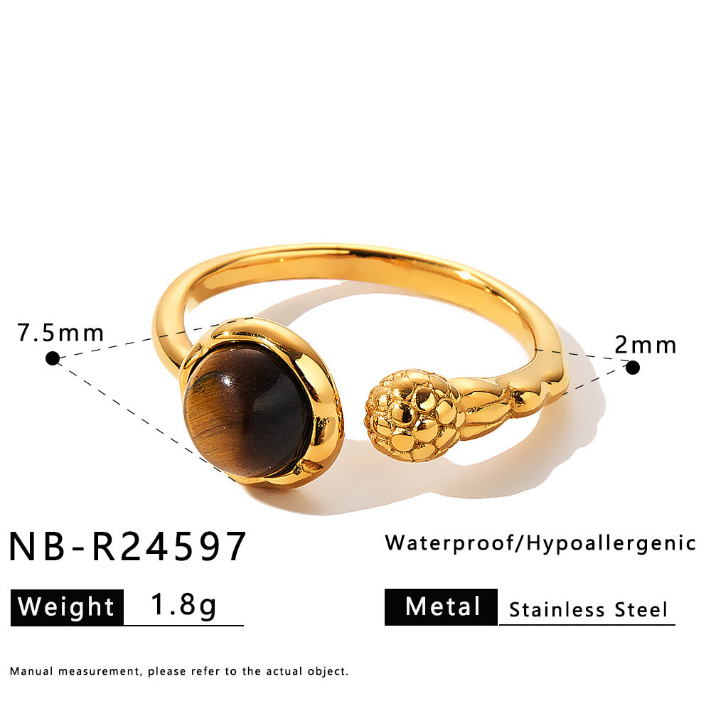 Tiger Eye Stone Stainless Steel Ring with Zircon Inlay for Women