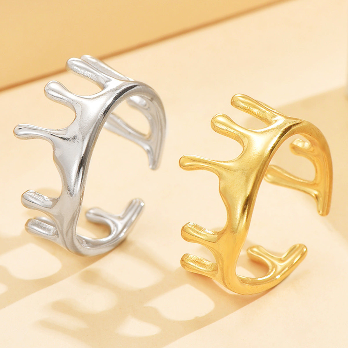 Retro Irregular Liquid Opening Stainless Steel Ring Women Vacuum Plated 18K Gold