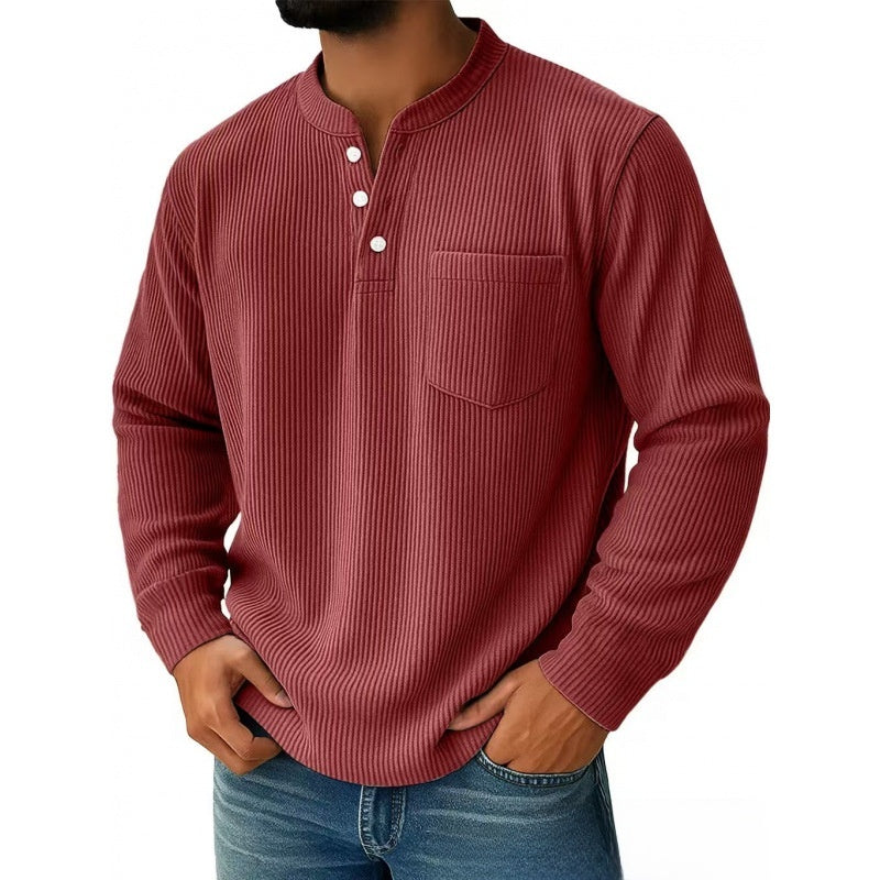 Mens Corduroy Henry Collar Long Sleeve Polo Shirt