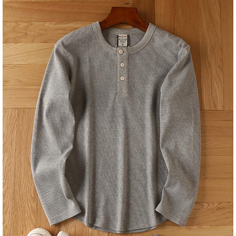 Men's Cotton Waffle Long Sleeve Henry V-Neck T-Shirt
