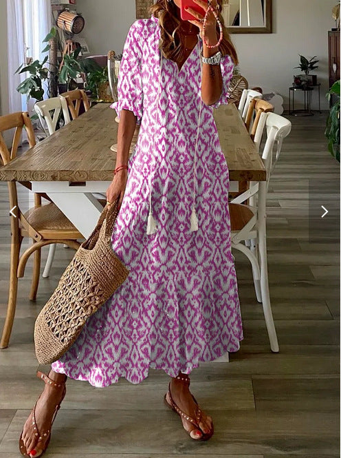 Womens V-Neck Printed Lantern Sleeve Dress