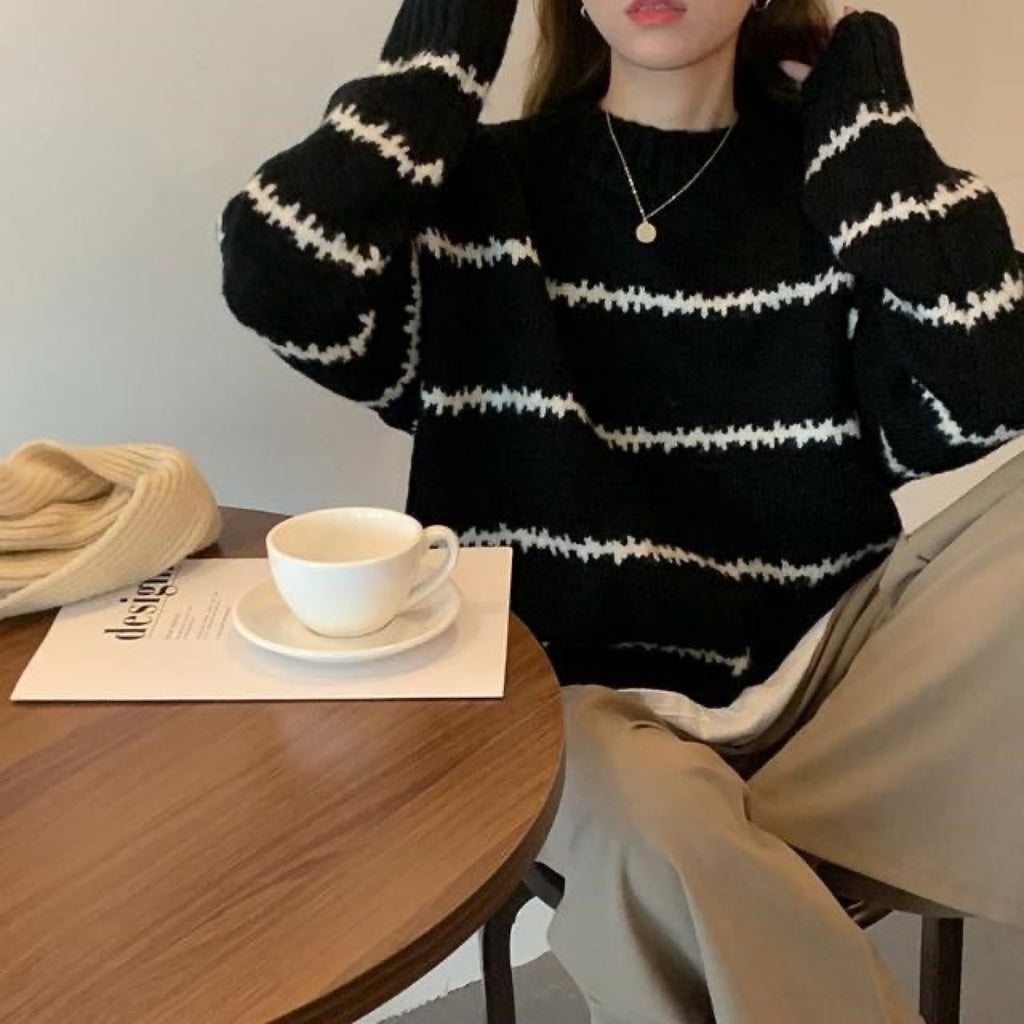 Striped Round Neck Pullover Knit Sweater