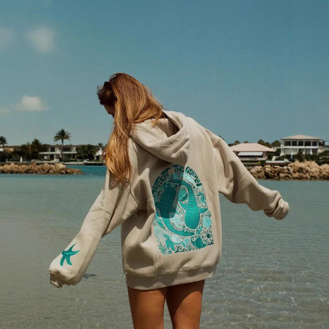 Women's long-sleeved printed hooded sweatshirt