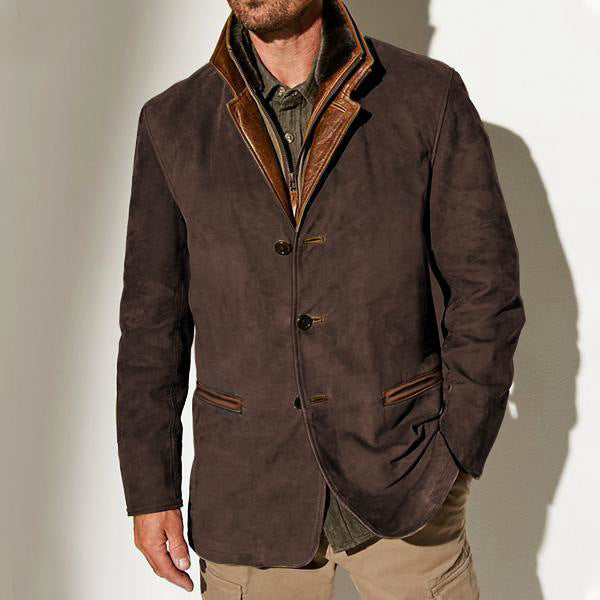 Men's Retro Color Block Stitching Casual Jacket Lapel Long Sleeve Outerwear