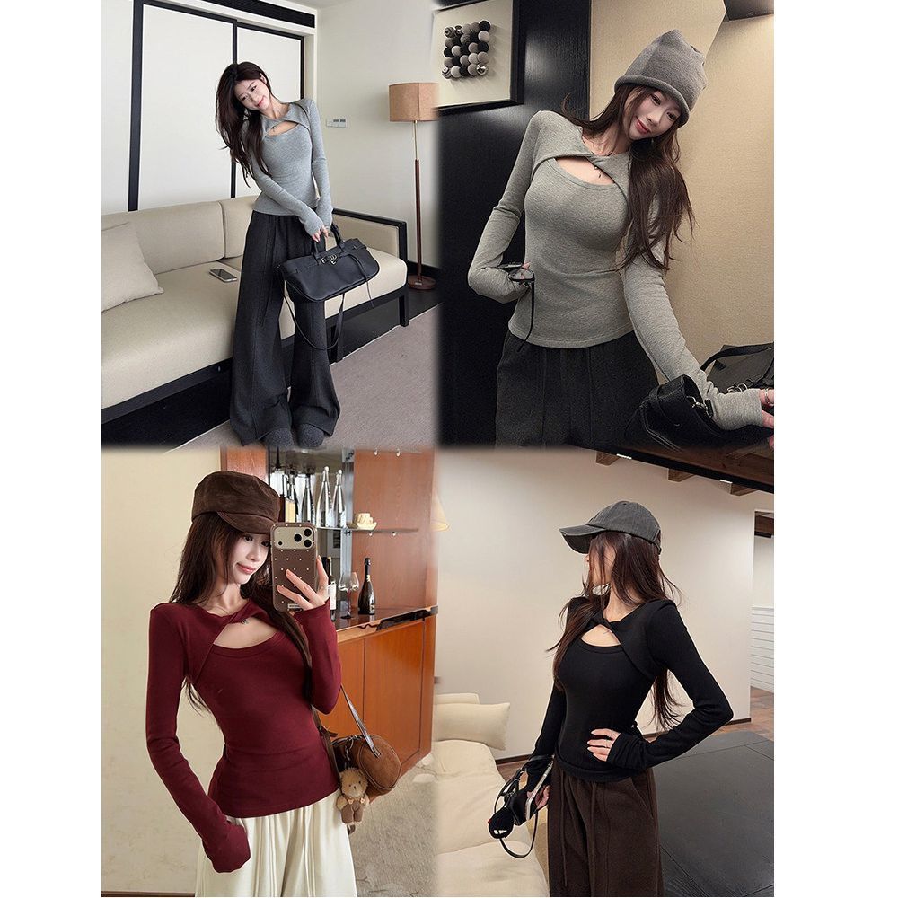 Slim Fit Hollow Out Long Sleeve T-Shirt