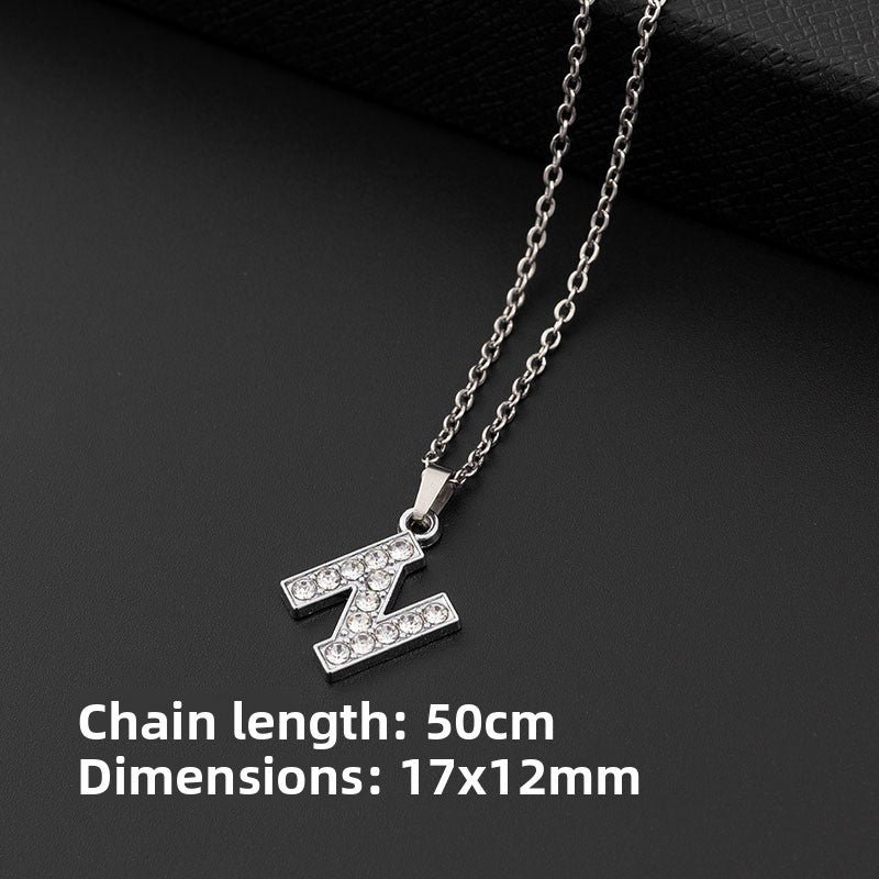 Stainless Steel Letter Pendant Necklace Diamond-Encrusted Women Jewelry