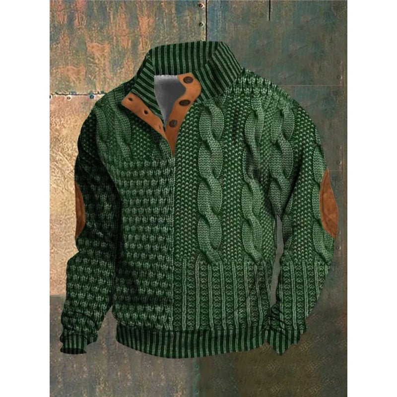 Mens Stand Collar Printed Polo Sweatshirt