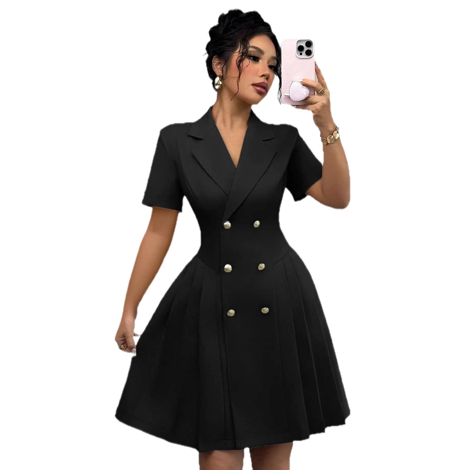 Women's New Solid Color Short Sleeve Waist-Cinching Double-Breasted Dress