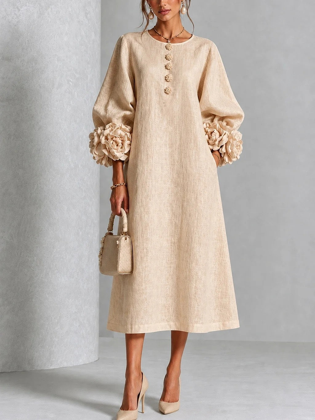 French-style three-dimensional flower lantern-style sleeve cotton and linen mid-length dress