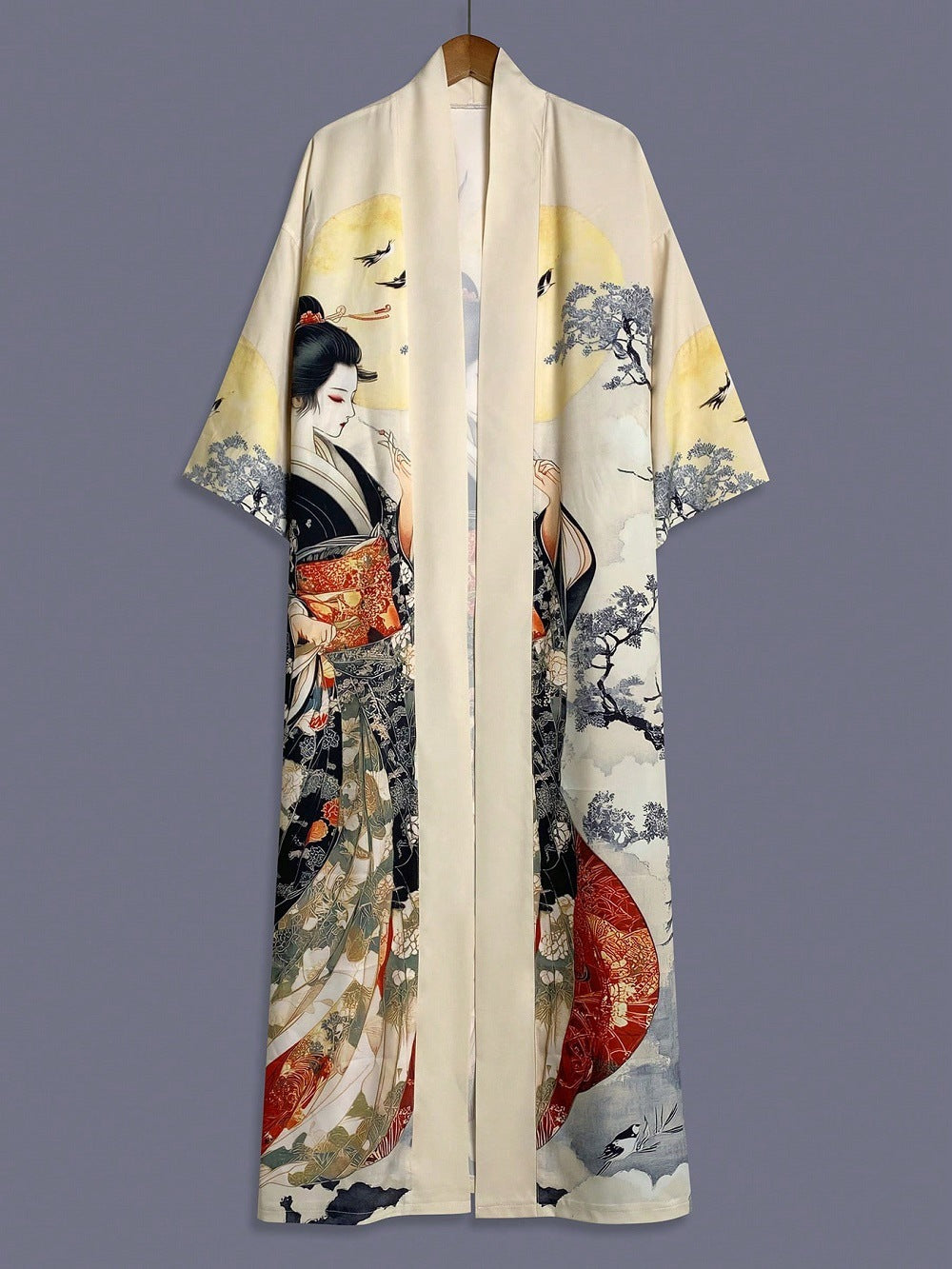 Japanese Retro Style Elegant Beauty Print Mid-Length Kimono Cardigan Thin Coat Unisex