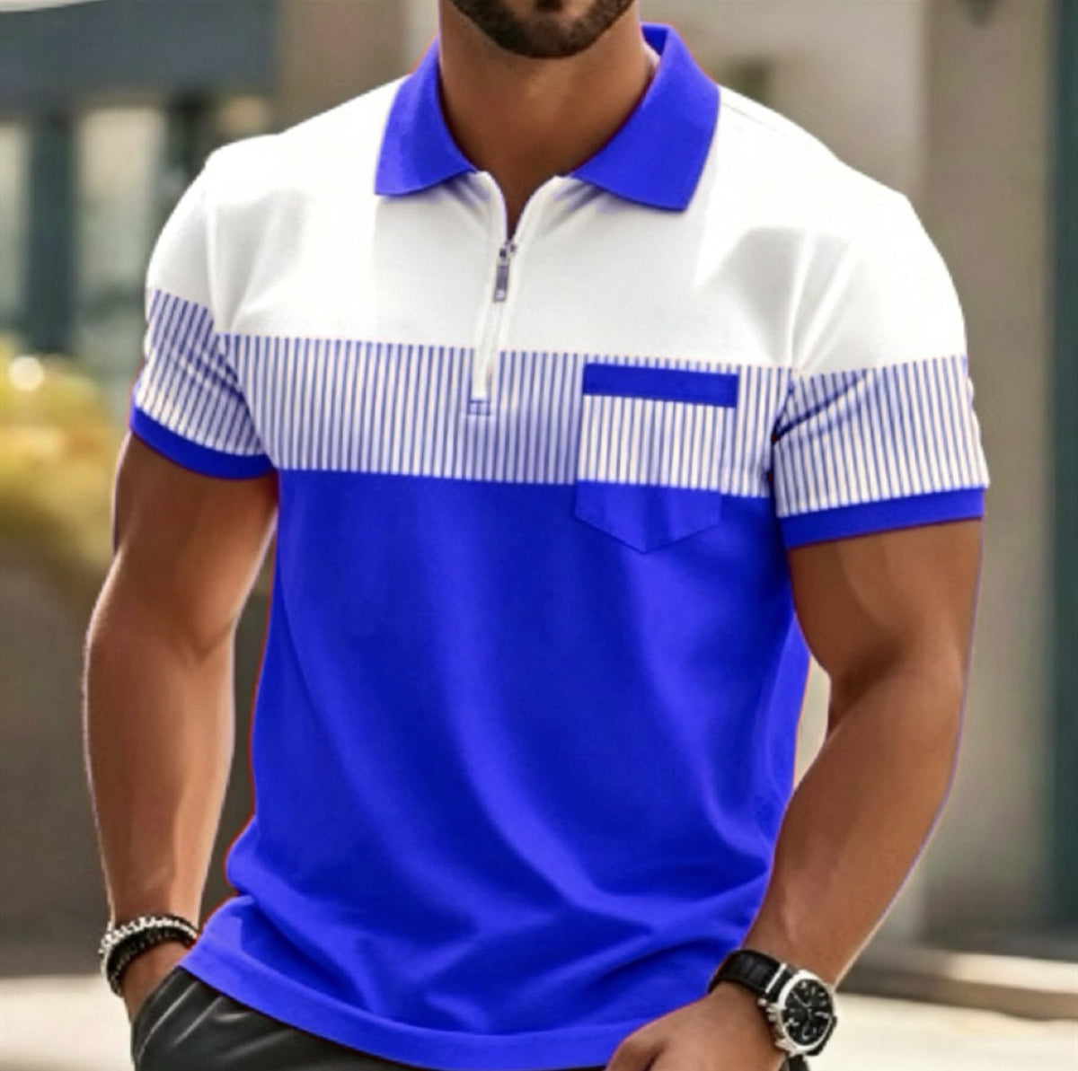 Men's 3D Digital Printing Zippered Collar Short Sleeve Shirt