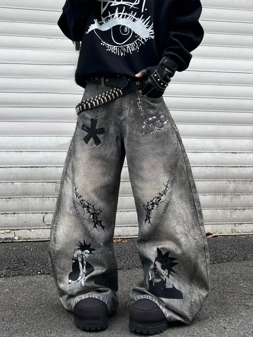 Unisex Dirty-Dye 3D Printed Wide-Leg Denim Pants