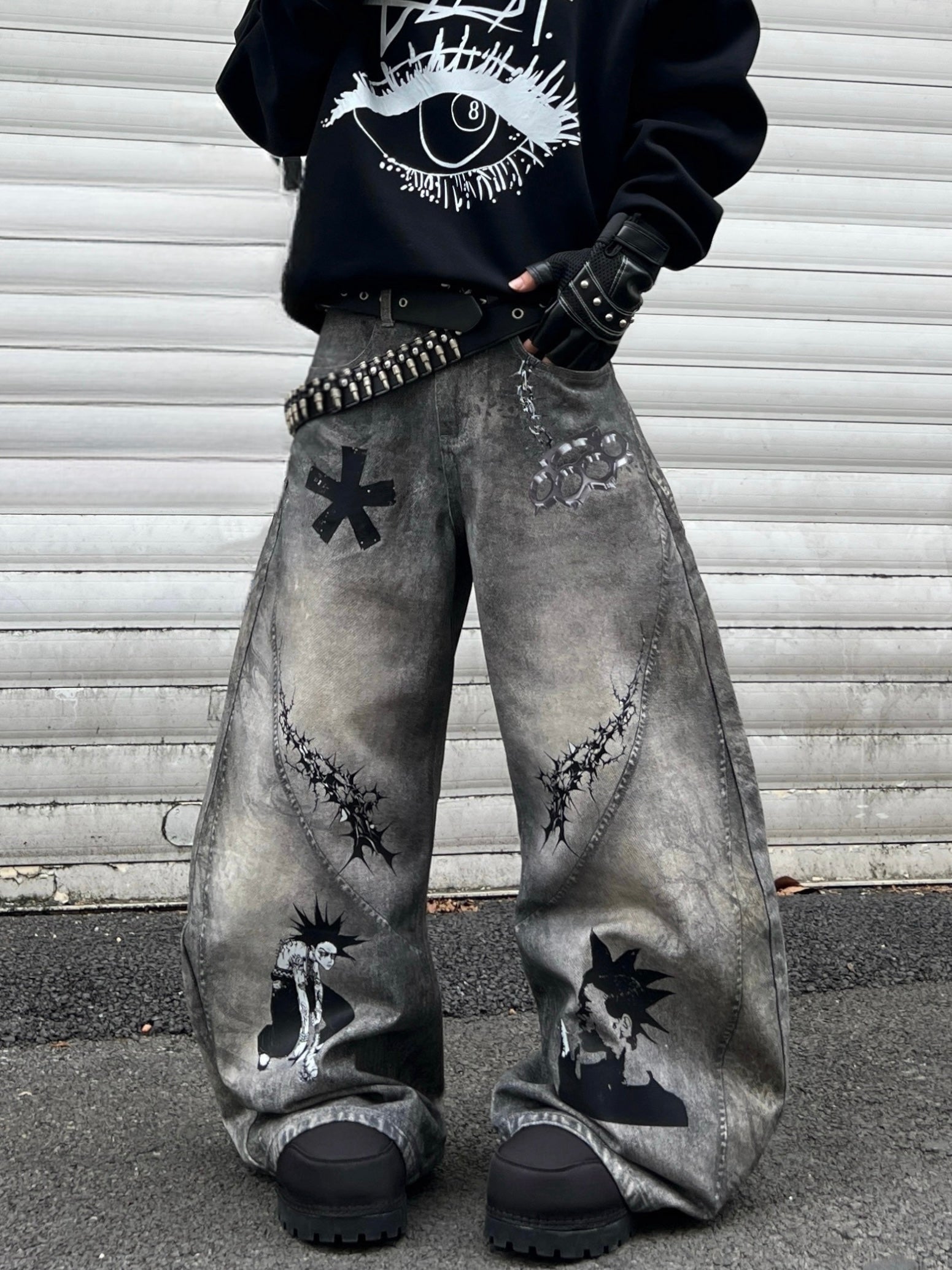 Unisex Dirty-Dye 3D Printed Wide-Leg Denim Pants