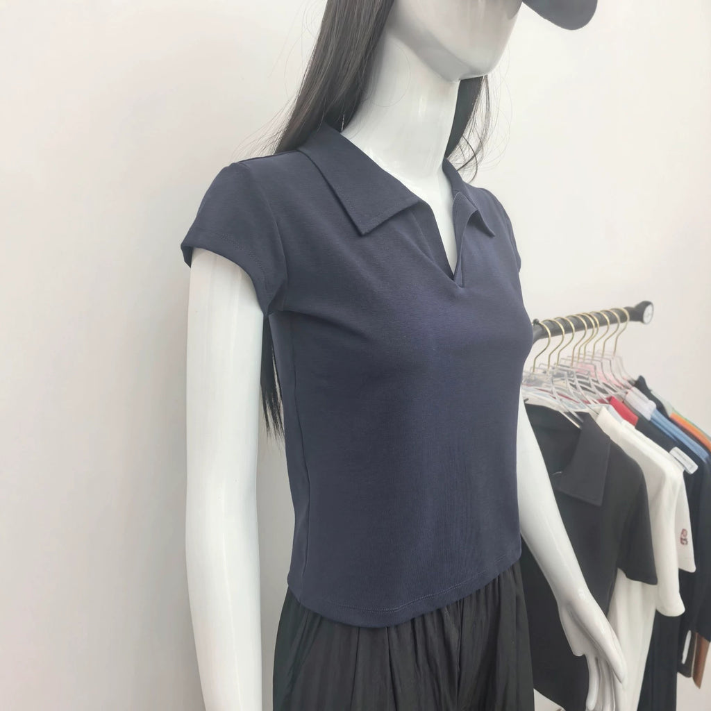 Small V-Neck,Short Fit, Waist-Cinching, Slim Fit Short-sleeve T-shirt