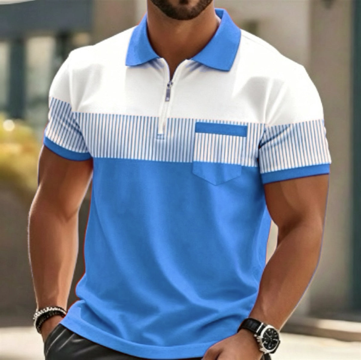 Men's 3D Digital Printing Zippered Collar Short Sleeve Shirt