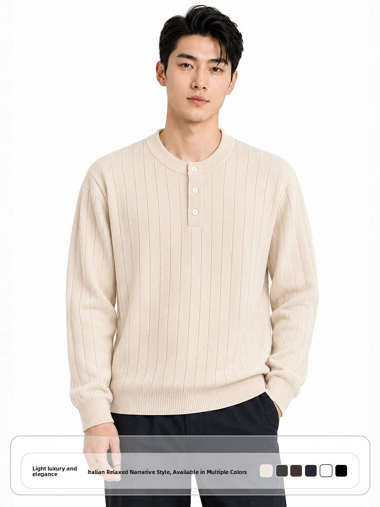 Mens Henry wears a vertical stripe knitted sweater.