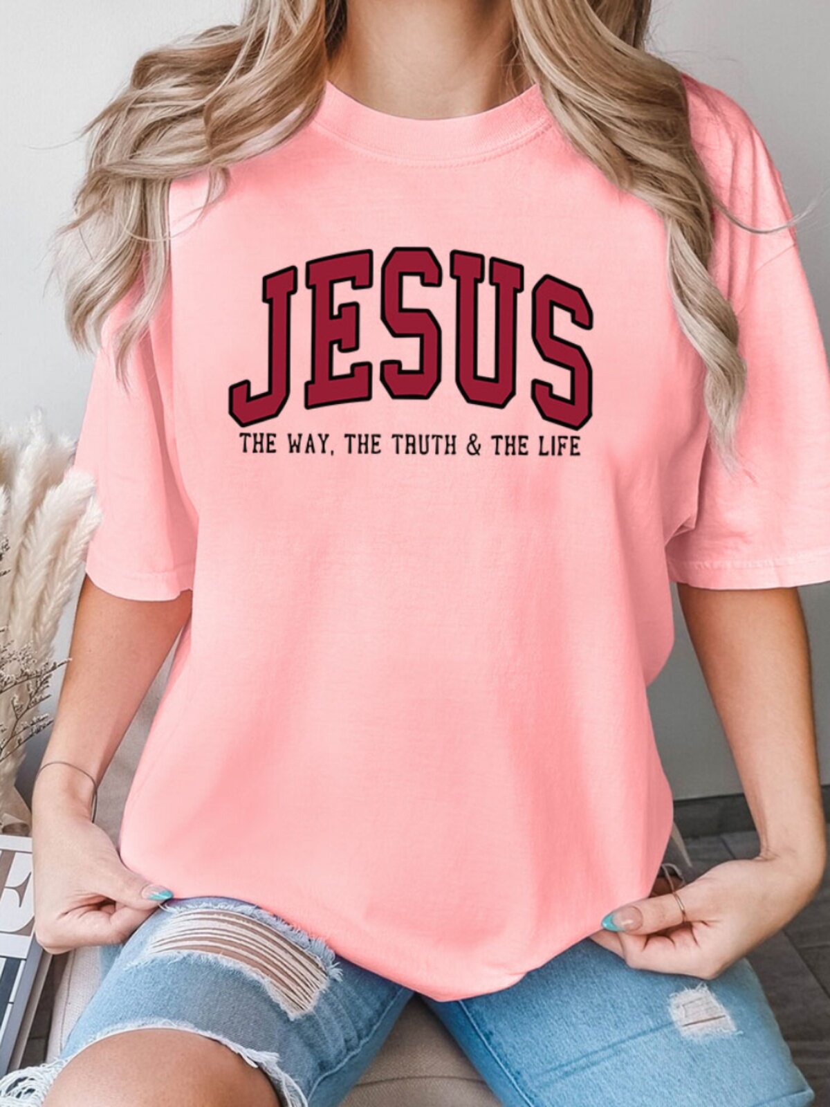 Jesus Letter Print Cotton Tshirt Loose Fit Short Sleeve Top