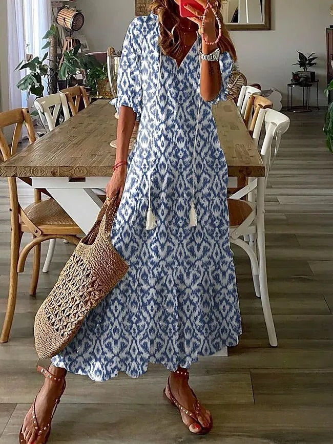 Womens V-Neck Printed Lantern Sleeve Dress