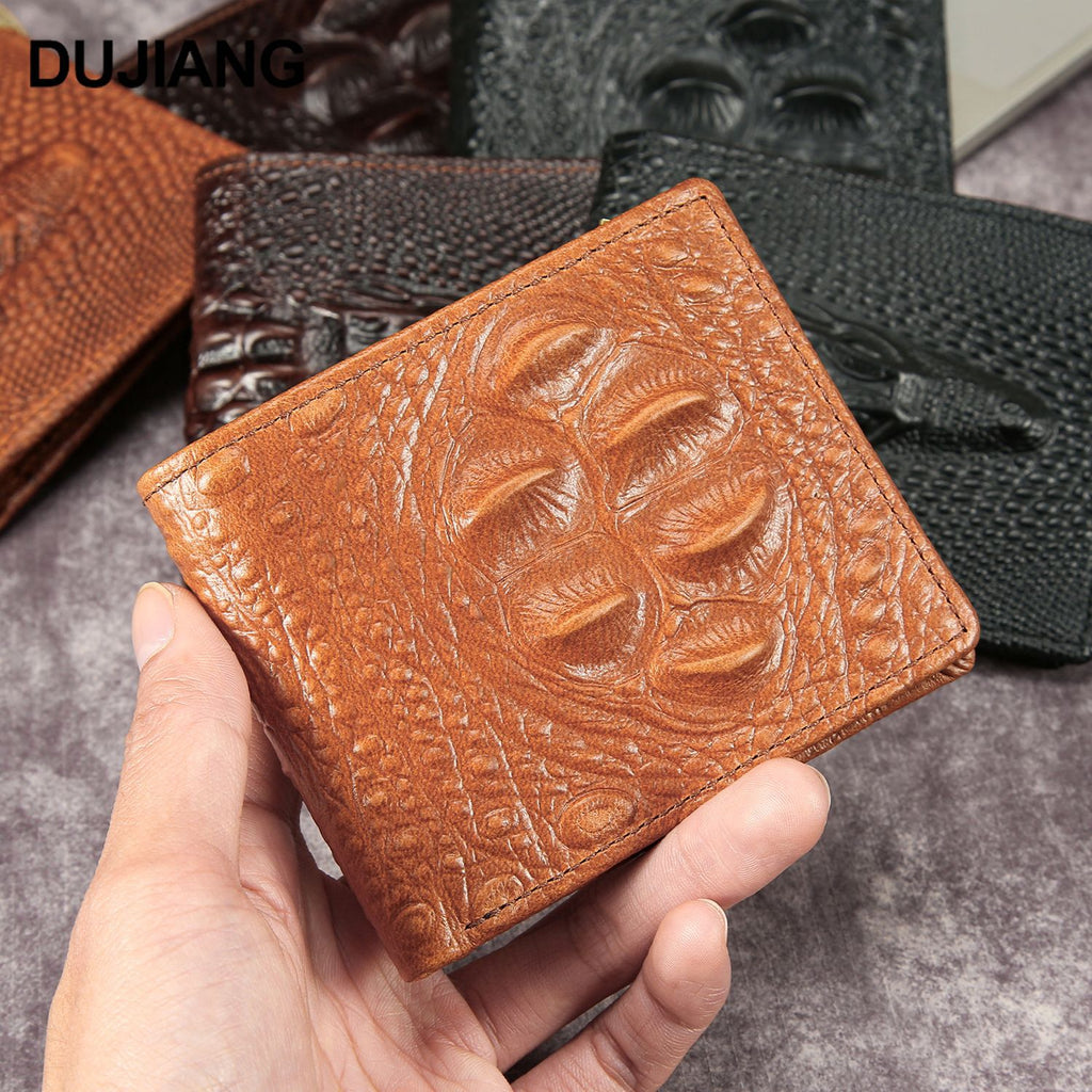 Mens Genuine Leather Short Wallet with Crocodile Pattern