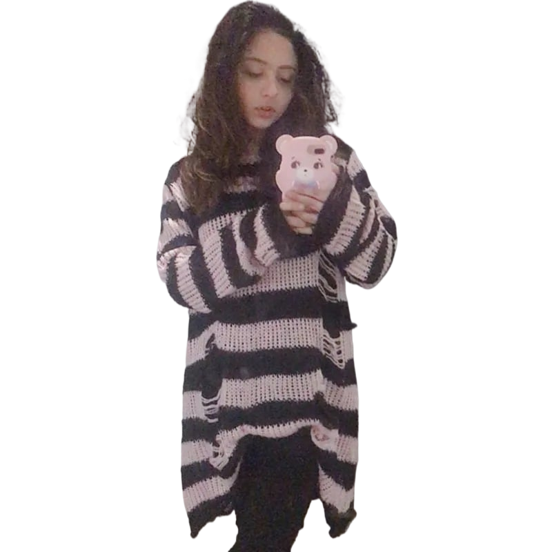 Striped Punk Distressed Long Knit Sweater ? Unisex Loose Fit Dark Style