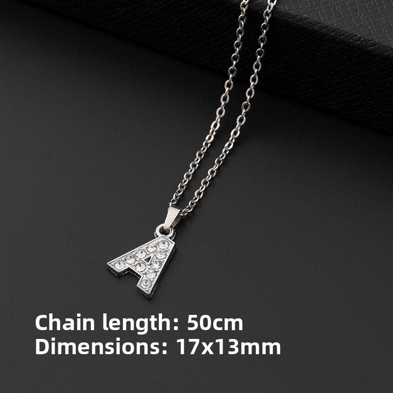Stainless Steel Letter Pendant Necklace Diamond-Encrusted Women Jewelry