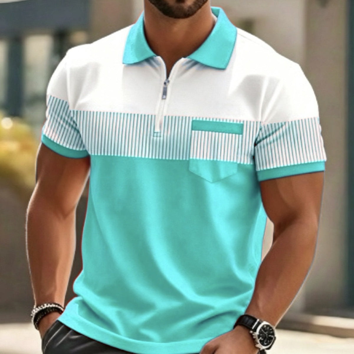 Men's 3D Digital Printing Zippered Collar Short Sleeve Shirt