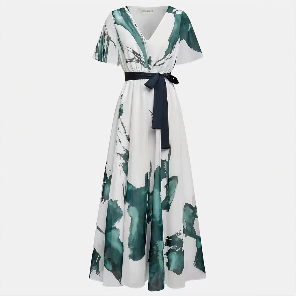 Womens V-Neck Digital Print Drawstring Dress