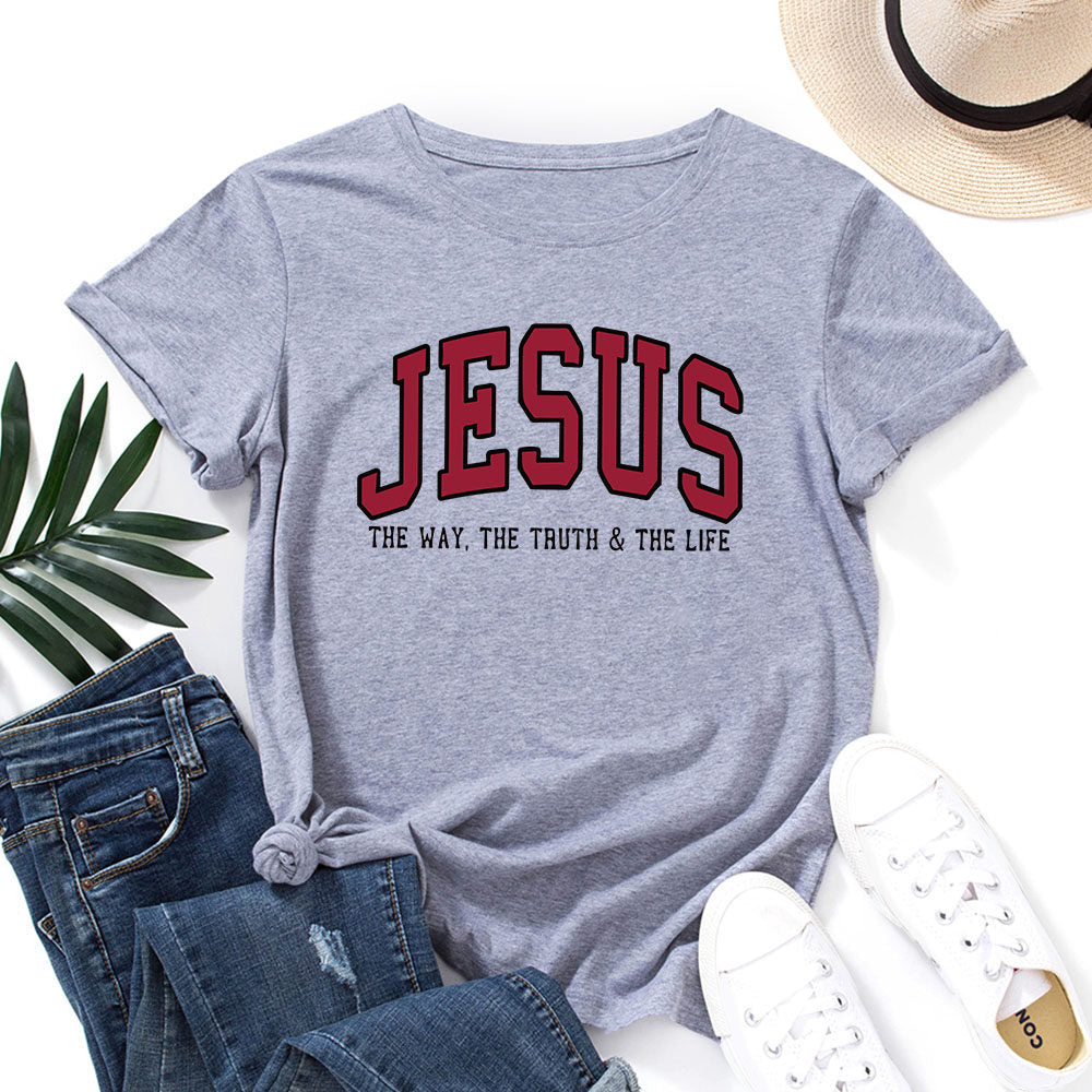 Jesus Letter Print Cotton Tshirt Loose Fit Short Sleeve Top