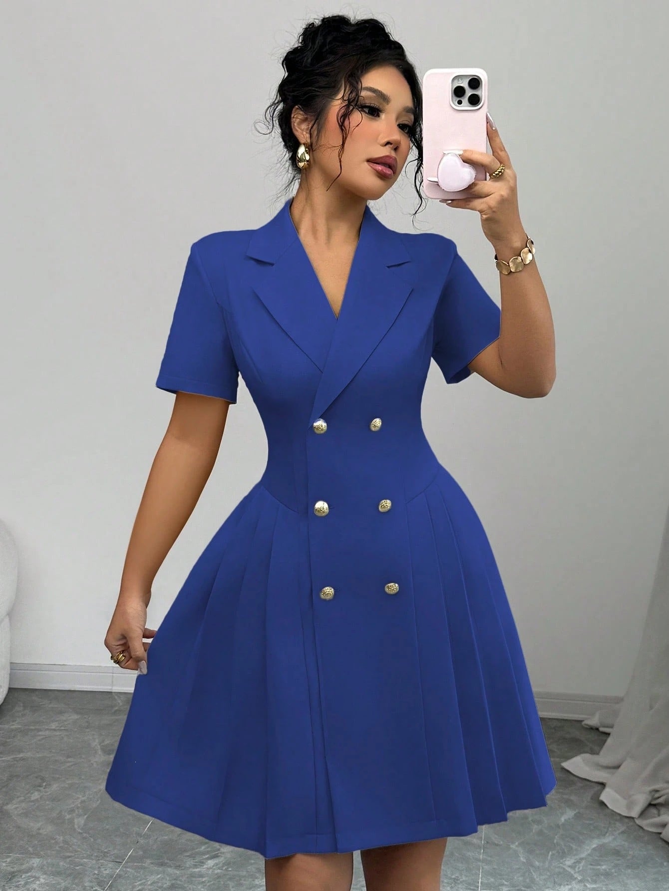 Women's New Solid Color Short Sleeve Waist-Cinching Double-Breasted Dress