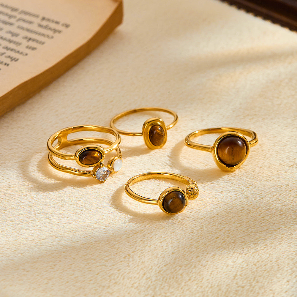 Tiger Eye Stone Stainless Steel Ring with Zircon Inlay for Women