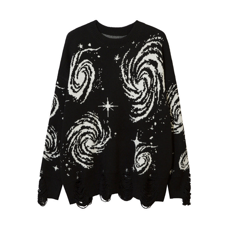 Womens Y2K Vintage Swirl Pattern Printed Loose Ripped Sweater