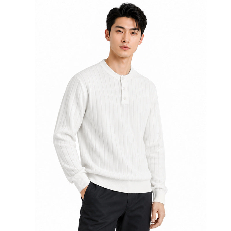 Mens Henry wears a vertical stripe knitted sweater.