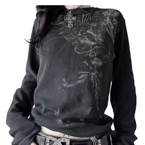 Retro Skull Print Slimming Round Neck Long-Sleeved T-Shirt