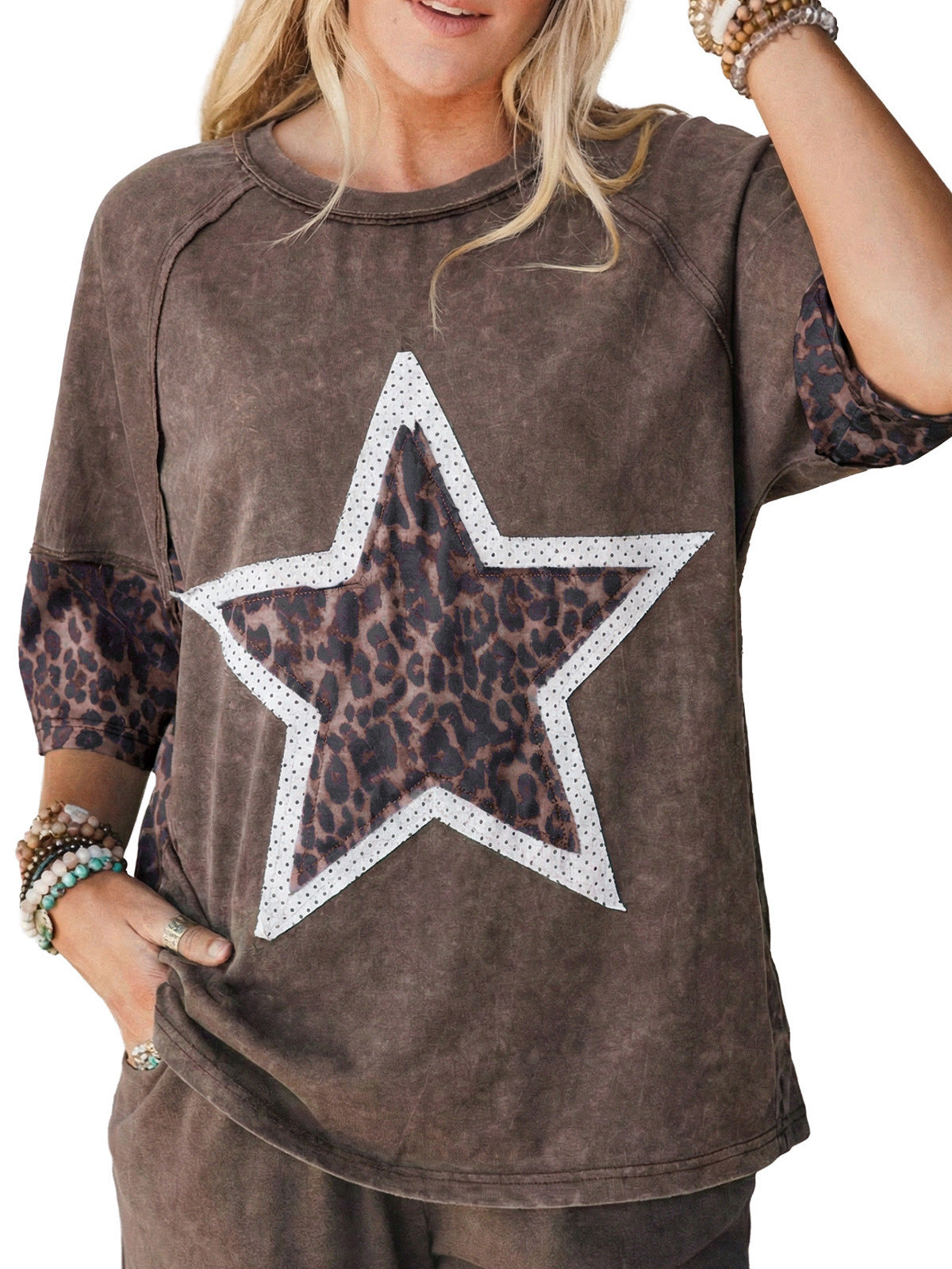 Five-pointed Star Leopard Print Old T-shirt