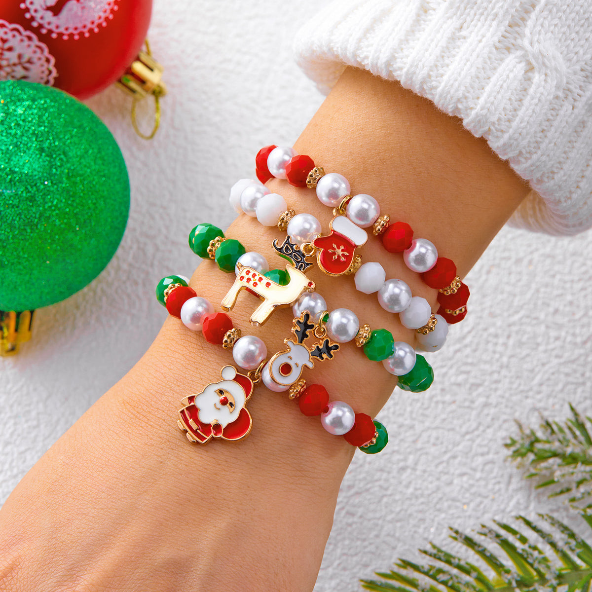 Christmas Series Pearl Soft Clay Rice Bead Bracelet Santa Bell Elk Pendant Bracelet Set