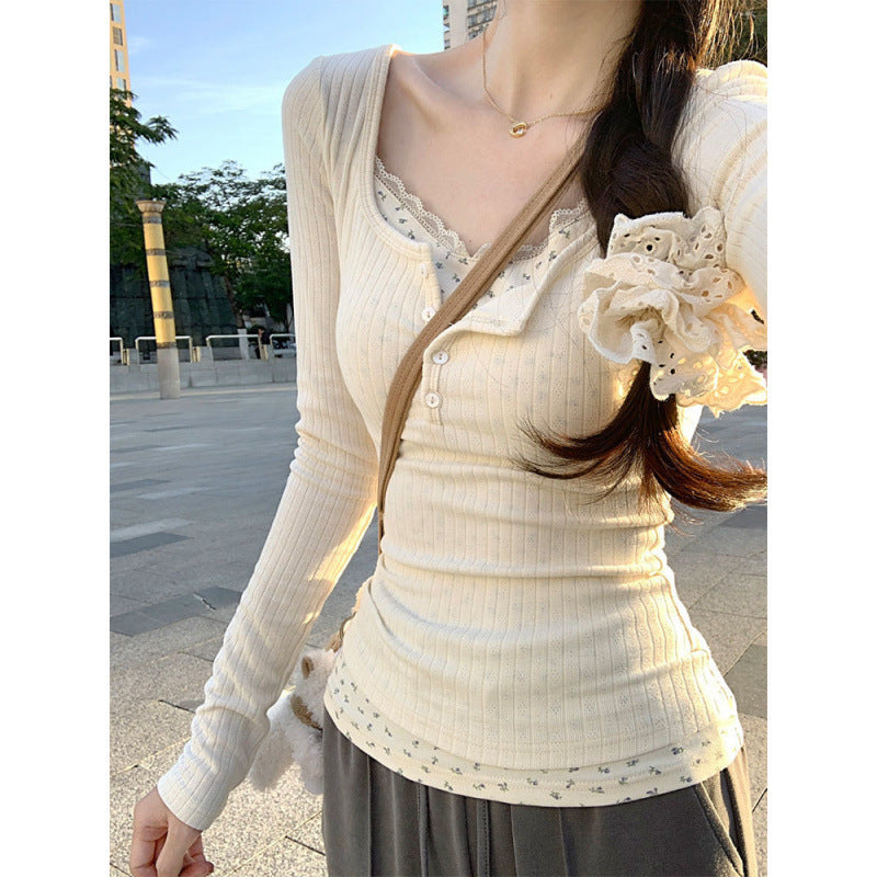 Womens French Style Lace Long Sleeve Top