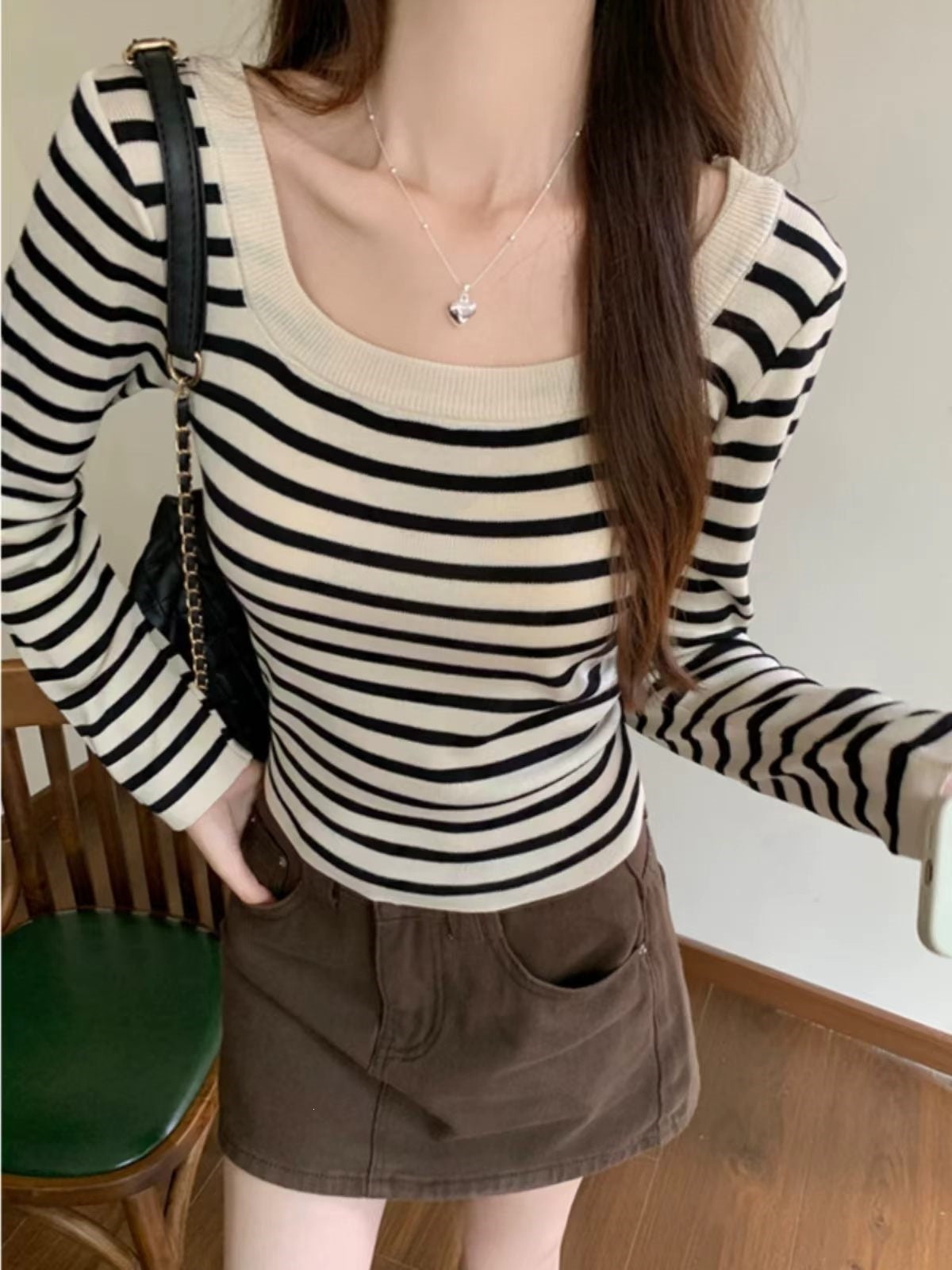 Women's Knitted Stripe Long Sleeve T-Shirt