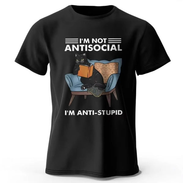 Printed Cotton T-Shirt with Funny Cat Graphic