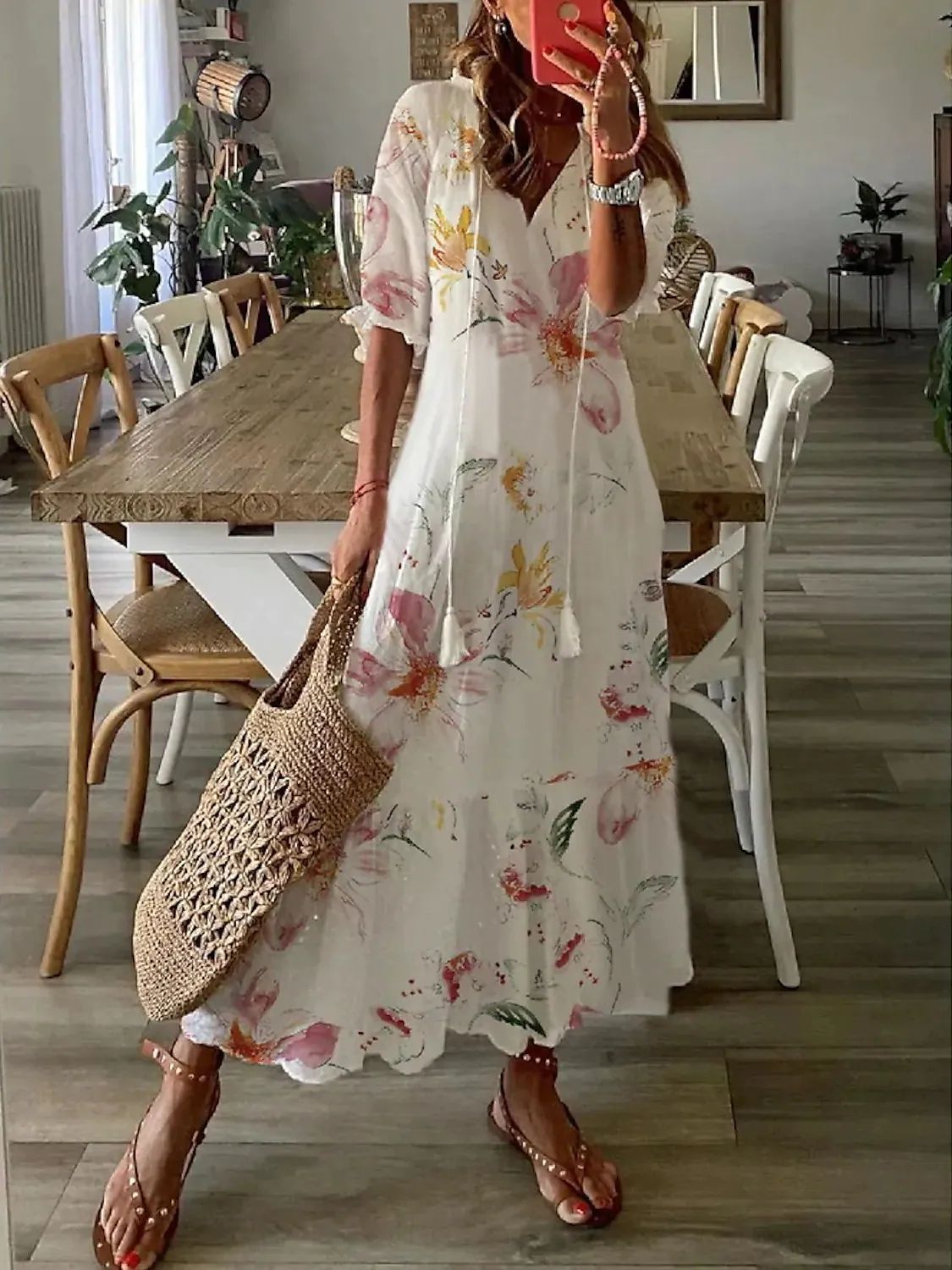 Womens V-Neck Printed Lantern Sleeve Dress