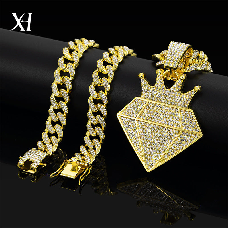 alloy diamond studded crown diamond Cuban necklace pendant