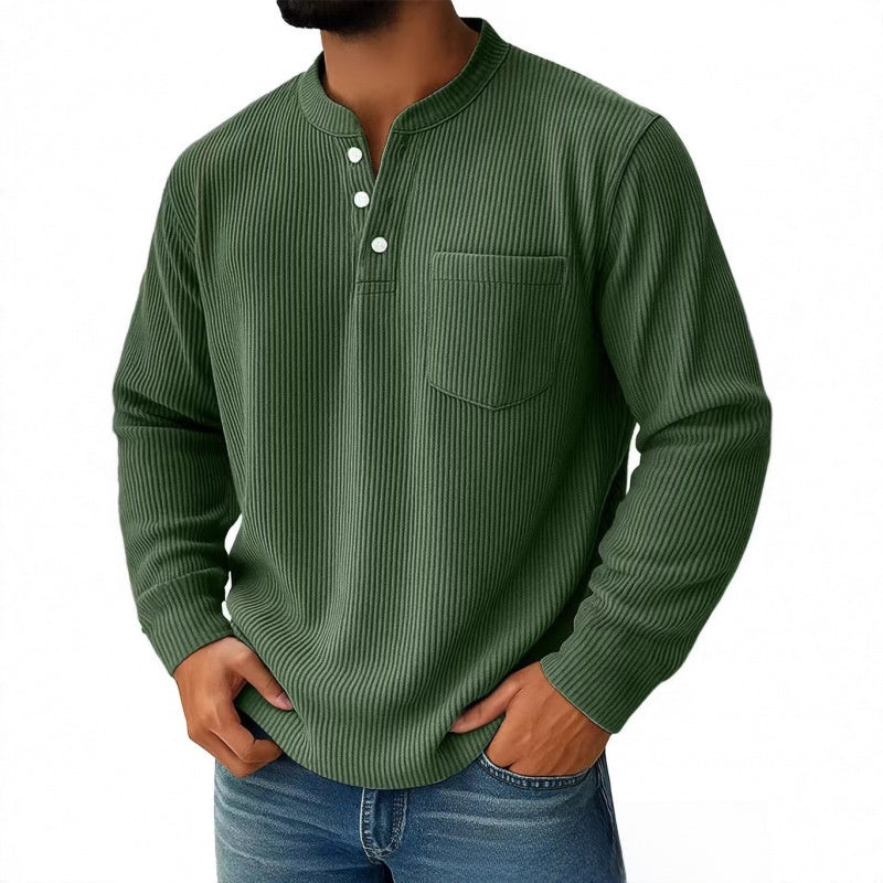 Mens Corduroy Henry Collar Long Sleeve Polo Shirt